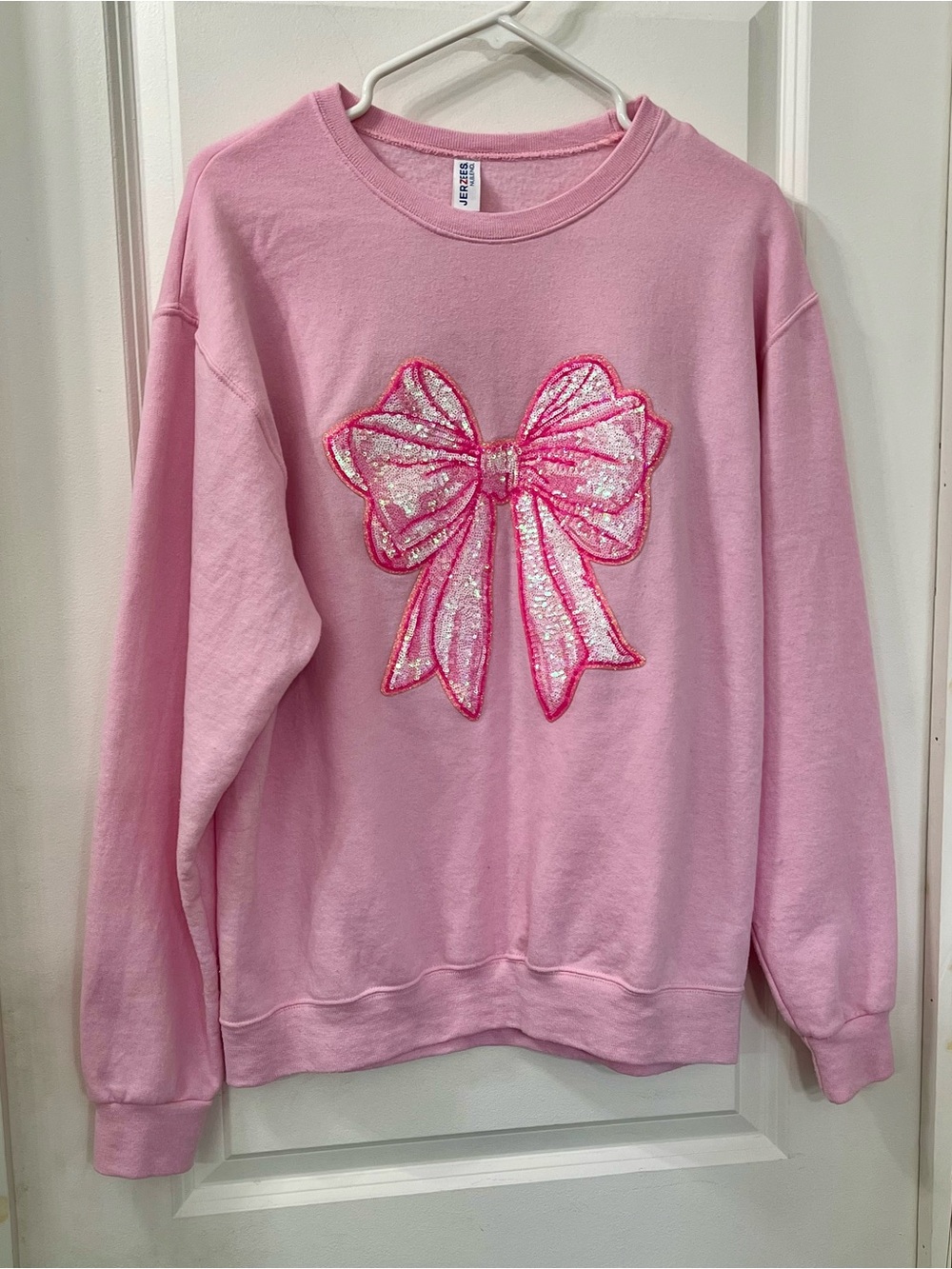 Jerzees Pink Crewneck Sweatshirt with Sequin Bow